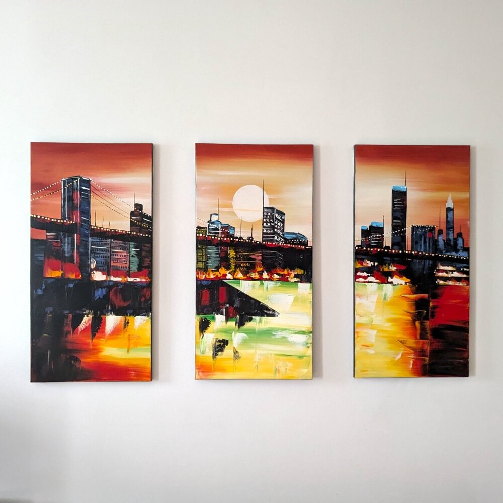 Large Abstract NYC Skyline Triptych - 3 Panel Canvas Wall Art 48x32 - New York - Picture 3 of 14